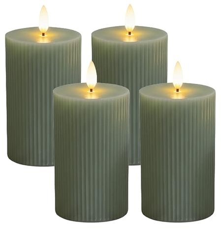Relaxdays LED Kerzen, 4er Set, HxD: 13 x 7,5 cm, flackernde Flamme, Echtwachs, Rillen, flammenlose Blockkerzen, Salbei