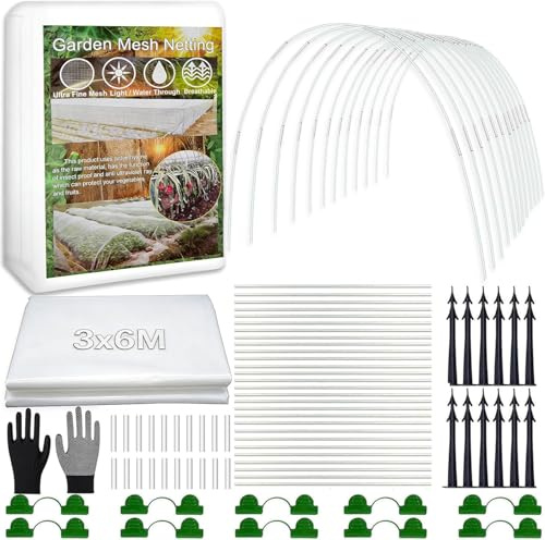 Shengruili 30Pcs Pflanztunnel Bögen,3X6M Insektenschutznetz,Folientunnel für Hochbeet,Gemüsenetz Garten,Pflanzenschutznetz,Netz für Pflanzen Gemüse,Gartennetz Insektennetz für Beschützen Gemüse Obst