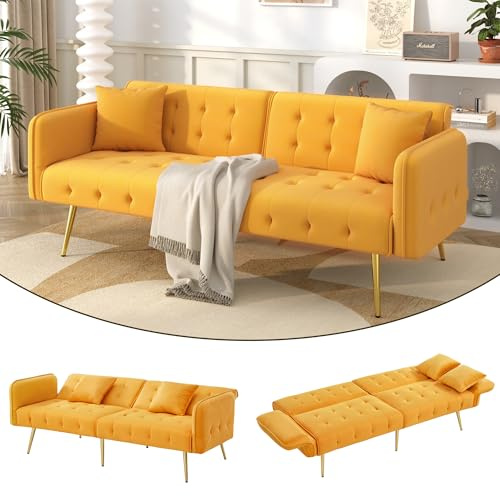 3 Sitzer Schlafsofa–3-fach verstellbare Rückenlehne + 6-fach verstellbare Armlehnen, klappsofa mit schlaffunktion , Sofa mit bettfunktion, Schlafcouch für Wohnzimmer, Schlafzimmer, Gästezimmer (Gelb)