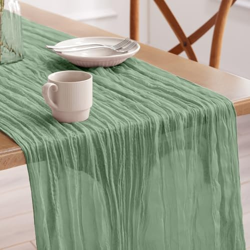 Pureegg 1 Stück Käsetuch Tischläufer, 90x300 cm Boho Gaze Tischdecke, Frühlings Dekoration für Party, Babyparty, Hochzeit & Landhaus, Stoff Raumdeko, Salbeigrün