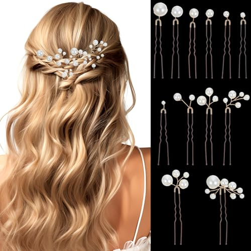 Nogeqi 12 Stück Haarnadeln Perlen, U Förmige Perlenhaarnadel, Elegante Braut Haarschmuck Hochzeit Haarnadel Perlen für Hochzeit Prom Party Brautjungfer Damen