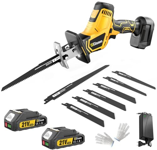 Gisam Akku Säbelsäge, 3500 SPM geräuscharmer bürstenloser Motor, 2x 4,0Ah Akkus & 8 Sägeblätte, Elektrisch Fuchsschwanz Säge Für Holz, Metall, PVC (2,0-Ah-Akku)