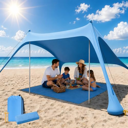 Strandzelt mit Strandmatte, LSF 50+ Hochschutz, 2x2x2m, Himmelblau | inkl. Sandanker, Alu-Stangen & Tragetasche, Perfekt für Camping, Angeln, Garten, Picknick und Strand