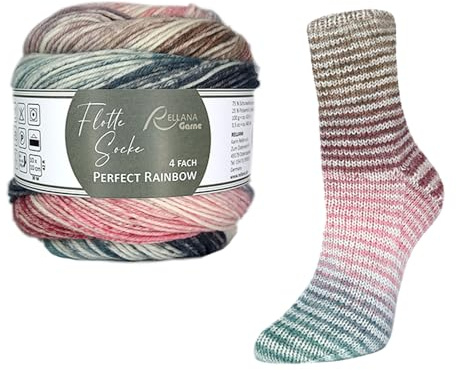 Rellana Flotte Socke 4-fach Pairfect Rainbow, Sockenwolle mit Farbverlauf, Zwei gleiche Socken stricken, mit Trennfaden, 100g, 420m (3124)