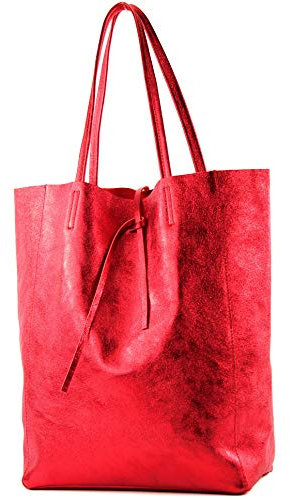 modamoda de T163 Damen Leder Shopper Schultertasche Large mit Innentasche handmade in Italy, Farbe:Rot-Metallic