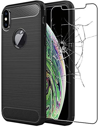 ebestStar - Coque pour iPhone XS Max Apple, Etui Protection Motif Carbone, Antichoc Souple TPU, Noir + Verre Trempé