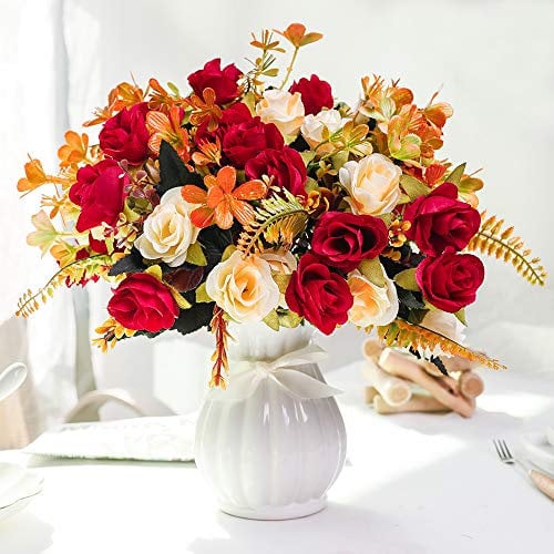 LESING Fleurs artificielles avec Vase en Soie pour Mariage, Maison, Bureau, fête, Salle de réunion, Rouge 1