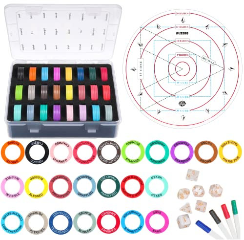 ALIZERO Tabletop RPG DND Condition Markers Set and Spell AOE Damage Marker D&D Area Effect Template, with 96 DND Status Effect Markers in 24 Frequently Used Conditions