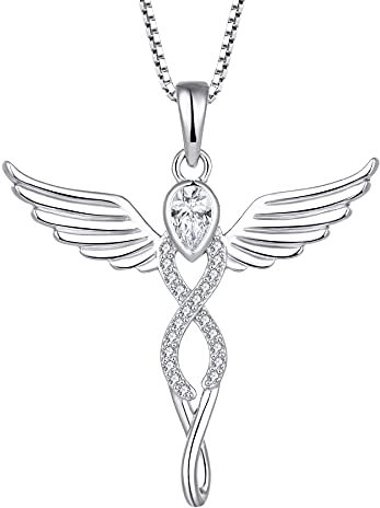 FJ Engelsflügel Kette Damen 925 Sterling Silber Schutzengel Anhänger Halskette Infinity Unendlichkeit Weiß Zirkonia April Geburtsstein Schmuck Geschenke für Frauen Mädchen