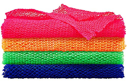 4 Stück afrikanisches Netz, afrikanisches Peeling-Netz, Badeschwamm aus langem Netz, Peeling, für Körper, glattere Haut (Grün, Lila, Rosa, Blau, 25,6 x 7,9 Zoll)