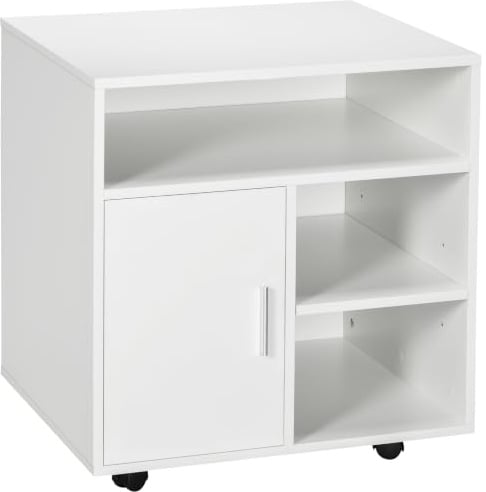 HOMCOM Druckerständer Druckertisch Bürowagen Rollwagen mit Schrank+Regale Spanlatte Weiß 60 x 50 x 65,5 cm