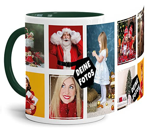 Foto-Tasse zum selbst gestalten mit Foto-Collage für 9 Wunschfotos - Geschenk für Familie, Freunde, Geburtstag, Weihnachten - Keramik Innen & Henkel Dunkelgrün, 300 ml I Personalisiert