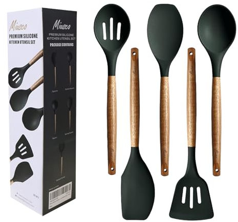 Miusco Cuchara de cocina antiadherente, juego de utensilios de cocina de silicona con mango de madera dura de acacia natural, libre de BPA, utensilios de cocina de silicona para hornear y servir