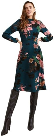 Izabel London High Neck Midi Dress for Women UK with Round Neck Long Sleeves and A-Line Skirt Teal