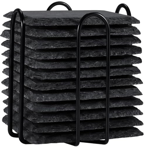WEWINK PLUS Lot de 12 dessous de verre en ardoise avec support de 10,2 cm - Dessous de verre carrés en pierre rustique noire avec envers anti-rayures pour bar, bricolage, cuisine, décoration