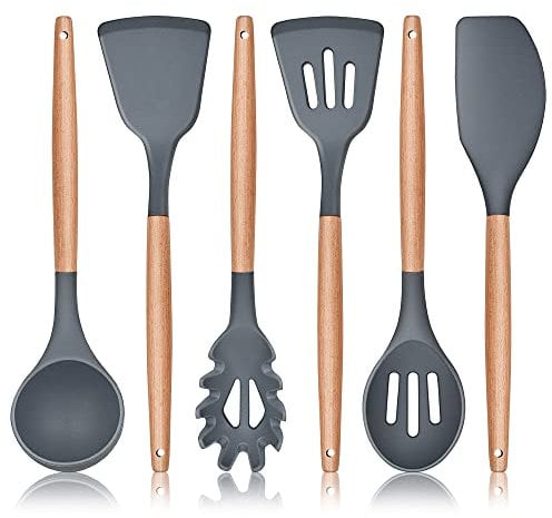 Herogo Küchenhelfer Set, 6 Stück Silikon Kochutensilien Kochbesteck Set, Hitzebeständiger Kochgeschirr Küchenutensilien Set mit Holzgriff, Antihaft & Gesund, Leicht zu reinigen – Grau