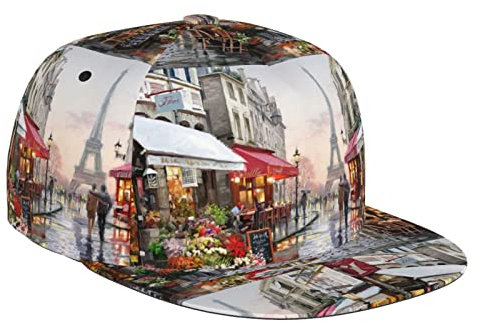 KJHBVND Ölgemälde Paris Straßenszene Eiffelturm Mode Flache Krempe Baseball Kappe Casual Sun Sport für Männer Frauen Hüte Schwarz, Schwarz , One size