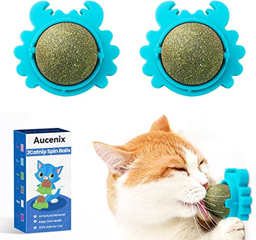 Aucenix Catnip Balls Toy for Cat, Wall Catnip Roller for Cat Licking, Teeth Cleaning Dental Edible Kitten Toy, Natural Rotating Cat Toy (Blue)