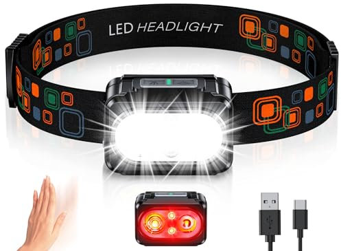 ISEYOU Linterna Frontal, Frontal LED Recargable con Luz Rojo & Sensor de Movimiento, 5 Modos de Iluminación y Impermeable IPX4, Super Brillante Linterna Cabeza para Correr, Camping, Pesca