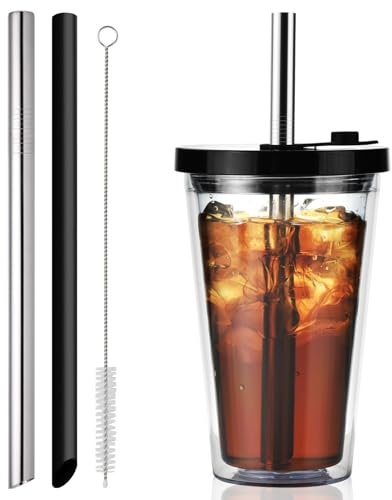 VITEVER Bubble Tea Cup, 16oz Iced Coffee Cup with Straw and Lid, Leakproof Clear Plastic Bubble Tea Tumbler, Double Wall Insulated Smoothie Tumbler, Black