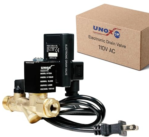UNOX Electronic Drain Valve for Air Compressor, 1/2 NPT to 1/4 NPT 110/120V AC Automatic Timed Tank Drain Valve with 6 feet US Plug Cable - Max 235 PSI Solenoid Valve Assembled