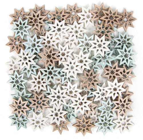Logbuch-Verlag 72 kleine Weihnachten Streudeko Holz Schneeflocken Sterne Tischdeko Bastelbedarf weihnachtlich türkis braun weiß 4 cm