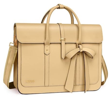 MOSISO Laptop Bag for Women, 13-14 inch PU Leather Laptop Shoulder Bag Convertible Backpack, 13.3 inch Messenger Bag Casual Handbag Work Briefcase Travel Computer Bag with Bowknot, Turmeric