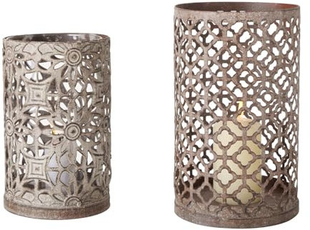 ReWu Windlicht Christina 2er-Set Kerzenhalter Kerzenständer Metall Eisen Muster Outdoor Deko Tischdekoration Gartendekoration Shabby-Chic Stil Grau/Braun
