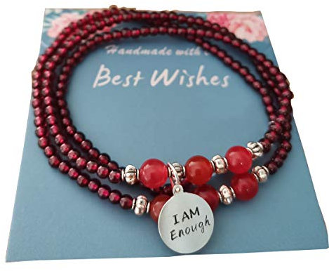 Armband aus natürlichem roten Granat mit 925er Sterlingsilber „I Am Enough“-Charm-Armband, dehnbare Chakra-Edelsteine, Armband mit Geburtssteinen für Januar, handgefertigter Schmuck für Frau