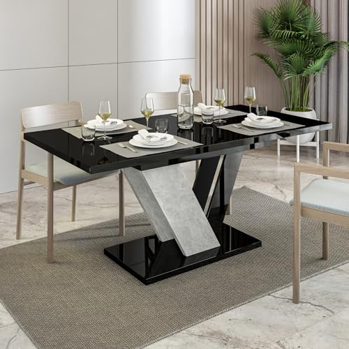Black Extendable Dining Table, 4-6 Seater, 120-160cm, High Gloss, DUBAI | 4ft Modern Dining Table, Seats 4-6 People, Table Only – No Chairs, Kitchen Table, Concrete Effect, Space-Saving Design