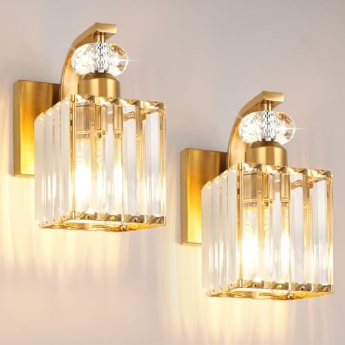 Wandleuchten 2er-Set, goldene Wandleuchten Deko mit Kristall-Lampenschirm | Moderne Vanity-Leuchten für Bad Schlafzimmer Wohnzimmer Flur, E27 hitzebeständige Fassungen, 2*A60 warme LED-Lampen inkl.