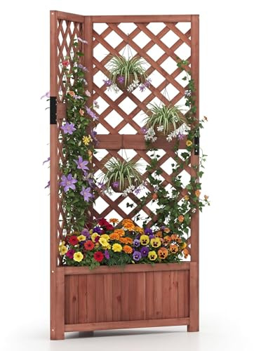 GOPLUS Blumenkasten mit Rankgitter, Eck Pflanzkasten mit Spalier, Gartenspalier für Blumen & Kletterpflanzen, Blumenbeet aus Holz mit Drainageloch, Gartenbeet für Terrasse, Hof & Balkon, Braun