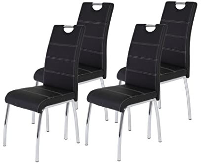 Hela Tische, 4er Set Esszimmerstuhl Susi, Bezug Kunstleder Schwarz, Griffmulde, Metallgestell Chrom, 43 x 61 x 98 cm