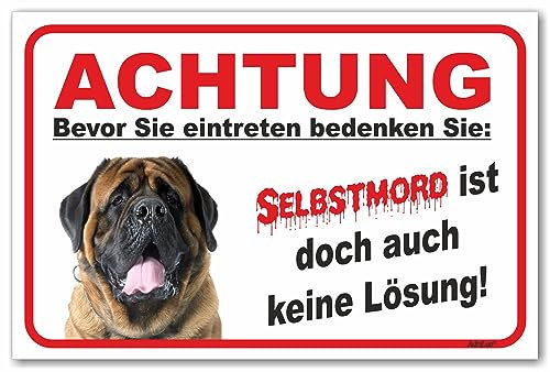 AdriLeo Schild - Vorsicht Mastiff - Selbstmord - (20x30cm) / Molosser Achtung Hund Wachhund robust langlebig UV-beständig wetterfestes Warnschild