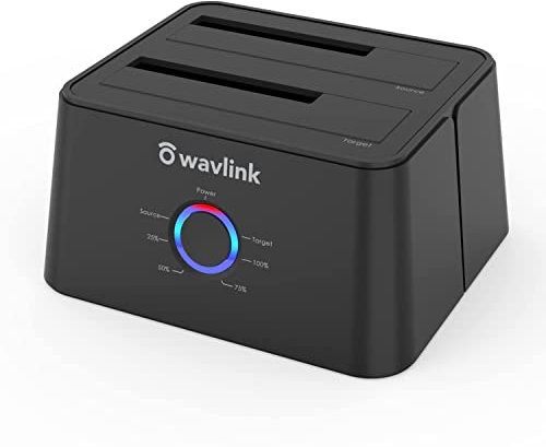 WAVLINK - Base de conexión de disco duro de doble bahía, USB 3.0 a SATA (5 Gbps) para HDD/SDD de 6,3 y 8,9 cm, admite clonación sin conexión / copia de seguridad / funciones UASP [8 TB x 2], color negro