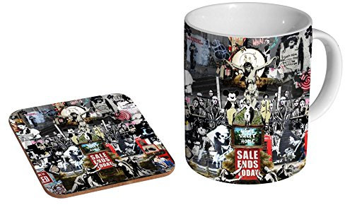 mugmart Keramik-Kaffeebecher Banksy Art Collage, 325 ml, mit Untersetzer