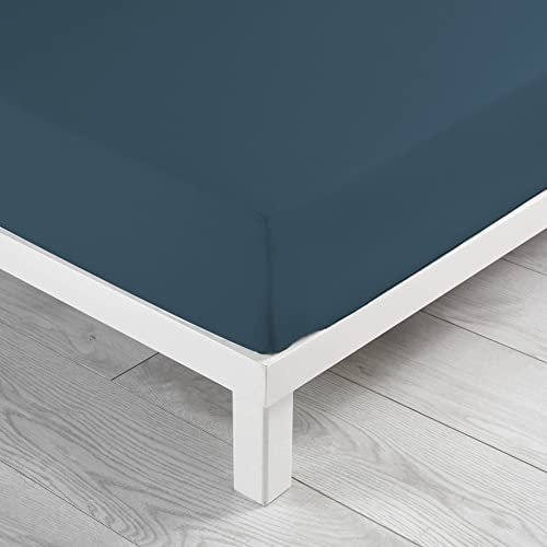 douceur d'intérieur, Drap Housse (160 x 200 cm) Lina Bleu Nuit, 100% Coton