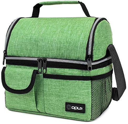 opux Lunch Box for Men, Adult Lunch Box Cooler, Insulated Lunch Bag Women, Dual Compartment Lunchbox for Work, Leakproof Double Decker Lunch Bag, Soft Lunch Pail Tote Boys Girls Kids School, Green