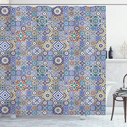 ABAKUHAUS marokkanisch Duschvorhang, Gitter Quadrat-Muster, Stoffliches Gewebe Badezimmerdekorationsset mit Haken, 175 x 240 cm, Violett Mehrfarbig