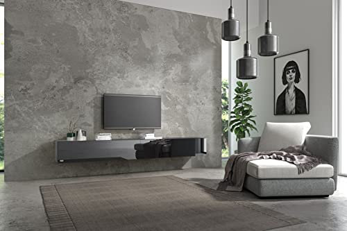 Wuun® TV Lowboard TV Board hängend I 100cm-280cm I Hängeschrank Wohnwand/Somero I Schwarz-Matt/Schwarz-Hochglanz I 200 (2X 100) cm