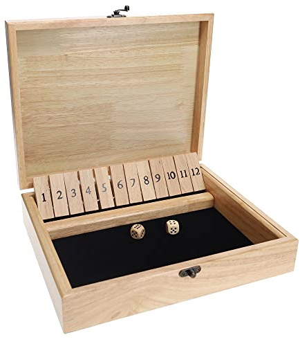 WE Games Shut The Box Spiel mit 12 Zahlen in einer alten Welt Stil Naturholzbox mit Deckel und Messingriegel
