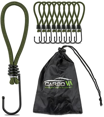CargoVA® - 10 Tendeur Elastique de Tension avec Crochet et Sac Pratique - Crochets D'extenseur pour Bâches et Filets Vert Olive - Sandow Elastique Longueur 15cm [10 pièces]