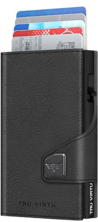 Tru Virtu® Click & Slide Coin Pocket Nappa Black/Black – Portemonnaie mit RFID-/NFC-Schutz, Kartenetui aus Aluminium und Nappaleder, Münzfach, für Herren und Damen, 9,9 x 6,7 x 2,1 cm