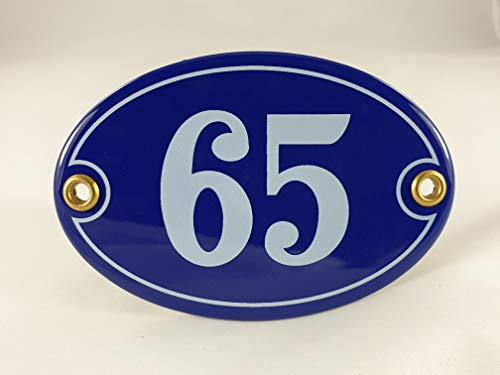 Numero civico 65, ovale, smaltato, colore: blu/bianco