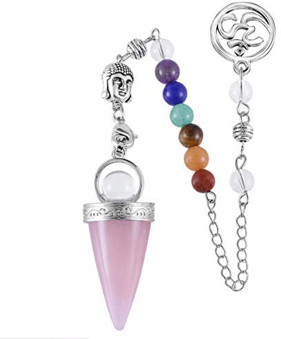 KYEYGWO Rosenquarz Reiki Heilung Kristall Pendel mit Buddha und 7 Chakren Stein Kette, Edelstein Punkt Anhänger Kegel Heilstein-Pendel für Divination Meditation Scrying Balance