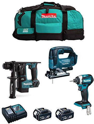 MAKITA Kit MK303 (Tassellatore DHR171 + Avvitatore ad Impulsi DTD154 + Seghetto Alternativo DJV182 + 2 Batterie 5,0 Ah + Caricabatterie + LXT600)