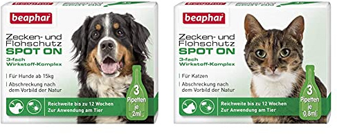 Zecken- und Flohschutz Spot ON für Hunde über 15 kg & Zecken- und Flohschutz Spot On für Katzen, Zecken- und Flohschutz mit Margosa Extrakt, 3 x 0,8 ml