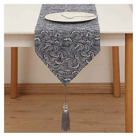 EHOMERY Tischtücher Creme, Tischdeko Petrol Grau-weiß Wellen Tischläufer Cotton Linen 30x140CM