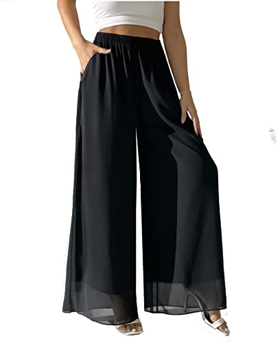 Women's Chiffon Dress Beach Wide Leg Palazzo Pants Elastic Waist Trouser