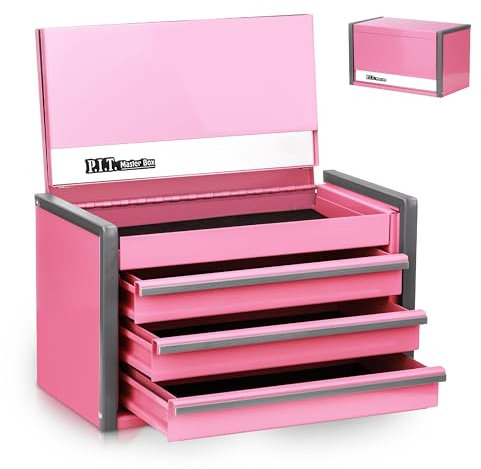 P.I.T. Mini Rosa Werkzeugkasten, tragbarer Werkzeugkasten aus Stahl mit 3 Schubladen, mit magnetischer Lasche, rosa Mikro-Top-Truhe mit Einsatz für Werkzeugaufbewahrung, Heimwerker